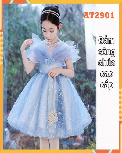 Đầm thun 3d Elsa Xanh cho bé gái đến 45kg at2501C